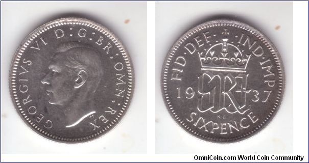 KM-852, Great Britain 1937 specimen (proof) six pence; really nice one with almost perfect mirror like firelds but a few dark toning spots