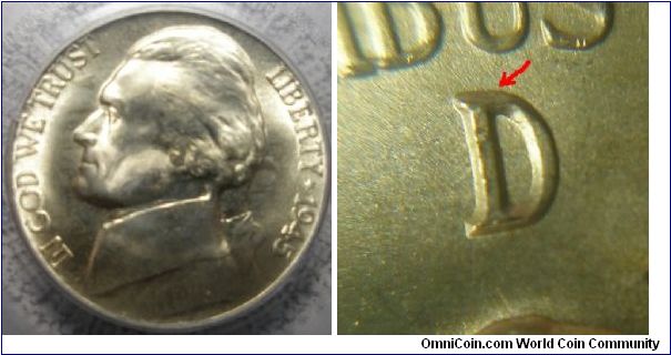 1945D Silver Jefferson Nickel Unattributed D/D RPM-023 PCGS MS66
