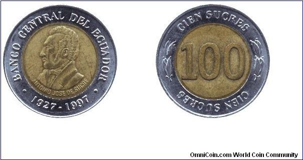 Ecuador, 100 sucres, 1997, Antonio Jose de Sucre, 1927-1997, bi-metallic                                                                                                                                                                                                                                                                                                                                                                                                                                            