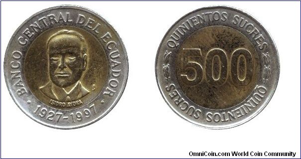 Ecuador, 500 sucres, 1997, 927-1997 Isidro Ayora, Banko Central del Ecuador, bi-metallic.                                                                                                                                                                                                                                                                                                                                                                                                                           