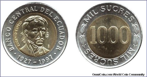 Ecuador, 1000 sucres, 1997, 1927-1997 Eugenio Espejo, Banco Central del Ecuador, bi-metallic.                                                                                                                                                                                                                                                                                                                                                                                                                       