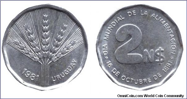 Uruguay, 2 new pesos, 1981, Cu-Ni-Zn, World Food Day, 16 October, 1981, Wheat.                                                                                                                                                                                                                                                                                                                                                                                                                                      