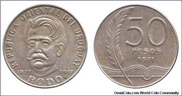Uruguay, 50 pesos, 1977, Ni-Brass, 1871-1917, Centennial of Birth of Rodo.                                                                                                                                                                                                                                                                                                                                                                                                                                          