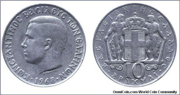 Greece, 10 drachmas, 1968, Cu-Ni, King Constantine II.                                                                                                                                                                                                                                                                                                                                                                                                                                                              