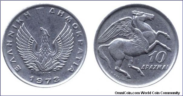 Greece, 10 drachmas, 1973, Cu-Ni, Pegasus.                                                                                                                                                                                                                                                                                                                                                                                                                                                                          