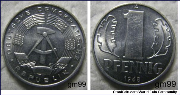 1 Pfennig (Aluminum) : 1960-1975
Obverse: Hammer and compass in border with legend around,
 DEUTSCHE DEMOKRATISCHE REPUBLIK
Reverse: Sprigs either side of value, large design features
R 1 PFENNIG date