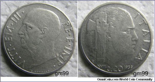 20 Centesimi (Magnetic)) (Stainless Steel : 1939-1943
Obverse: Bare head of King Vittorio Emanuele III left,
 VITT EM III RE E IMP
Reverse: Head right, fasces in front,
ITALIA R XVIII C 20 date