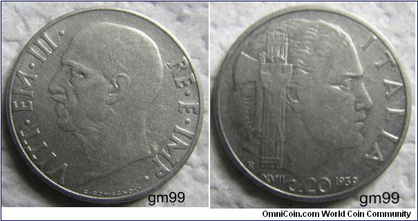 20 Centesimi (Magnetic)) (Stainless Steel : 1939-1943
Obverse: Bare head of King Vittorio Emanuele III left,
 VITT EM III RE E IMP
Reverse: Head right, fasces in front,
ITALIA R XVIII C 20 date