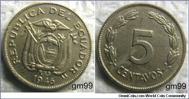 Ecuador km75b 5 Centavos (1946) copper nickel