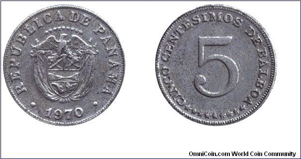 Panama, 5 centimos, 1970, Cu-Ni.                                                                                                                                                                                                                                                                                                                                                                                                                                                                                    