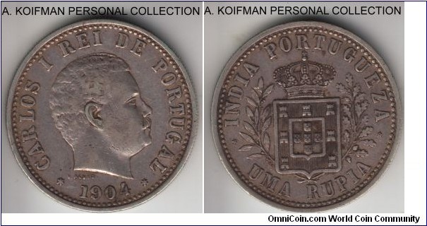 KM-17, 1904 Portuguese India rupia; silver, reeded edge; circulated good very fine to about extra fine, not cleaned as usual and the small mintage of 100,000.