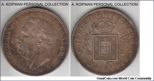 KM-312, 1881 Portuguese India rupia; silver, reeded edge; despite high mintage, scarce in higher grades, this one is good very fine to about extra fine.