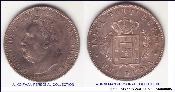 KM-12, 1882 Portuguese India uma (one) rupia; silver, reeded edge; good extra fine, small spot on obverse