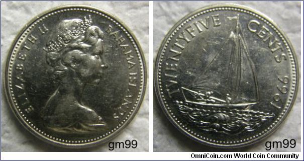 Obverse-Bahamas Islands,Queen Elizabeth II.Reverse:TWENTY-FIVE CENT.Ship sailing right, Date