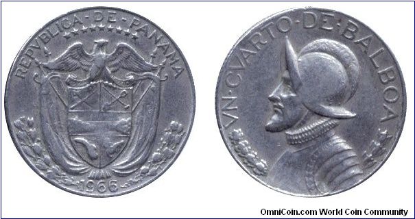 Panama, 1/4 balboa, 1966, Cu-Ni-Cu, Vasco Nunez de Balboa.                                                                                                                                                                                                                                                                                                                                                                                                                                                          