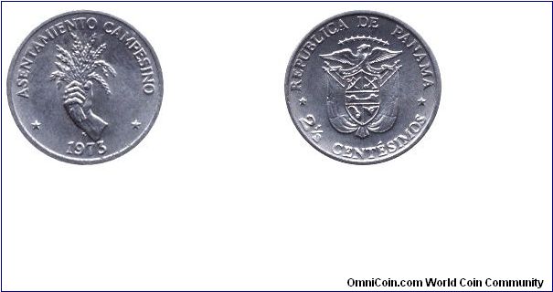 Panama, 2 1/2 centesimos, 1973, Cu-Ni-Cu, Asentamiento  Campesino, FAO.                                                                                                                                                                                                                                                                                                                                                                                                                                             