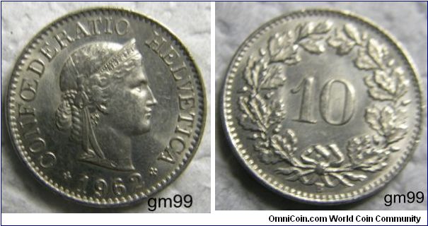 10 Rappen (Copper-Nickel) : 1879-1993
Obverse: Head of Helvetia right, LIBERTAS on headband,
CONFOEDERATIO HELVETICA date
Reverse: Value within wreath,
10