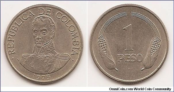 1 Peso
KM#258.1
Copper-Nickel, 25.3 mm. Obv: Bust of Simon Bolivar 3/4 facing,
small date below Rev: Denomination, ears of corn flank