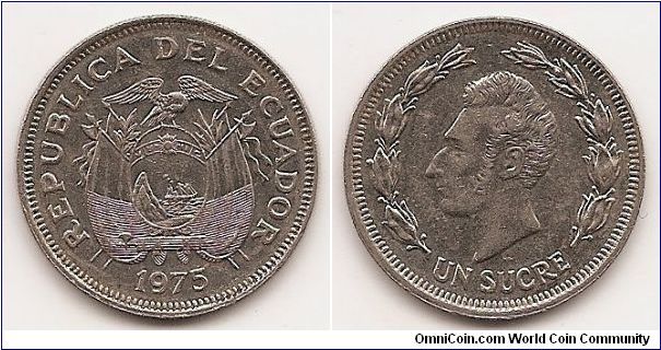 1 Sucre (Un)
KM#83
Nickel Clad Steel, 26 mm. Obv: Modified flag draped arms, date
below Rev: Head left within wreath, denomination below Note:
Ship in arms similar to KM #78