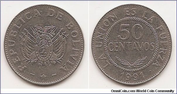 50 Centavos
KM#204
5.0800 g., Stainless Steel, 24 mm. Obv: National arms, star
below Rev: Denomination within circle, date below Edge: Plain