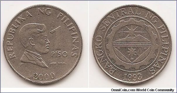 1 Piso
KM#269.1
Copper-Nickel, 24 mm. Obv: Head of Jose Rizal right, value and date Rev: Bank seal within circle and gear design, 1993 (date Cenral Bank was established) below