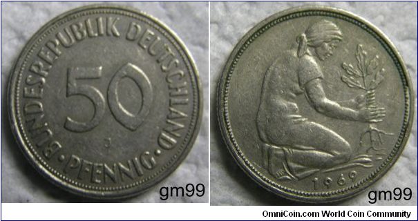 50 Pfennig (Copper-Nickel) 
Obverse; Legend around value,
BUNDESREPUBLIK DEUTSCHLAND 50 PFENNIG
Reverse; Plain edge. Woman planting plant
date
