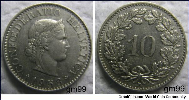 10 Rappen (Copper-Nickel) : 1879-1993
Obverse: Head of Helvetia right, LIBERTAS on headband,
CONFOEDERATIO HELVETICA date
Reverse: Value within wreath,
10