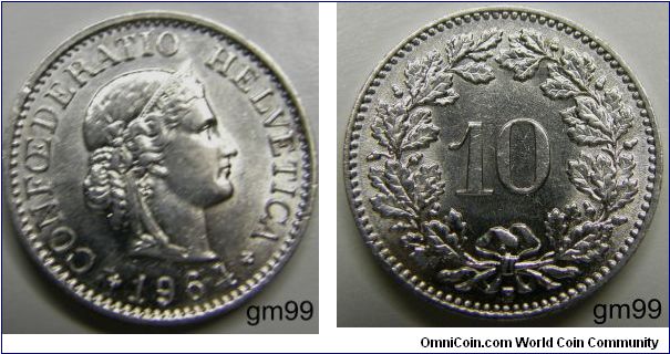 10 Rappen (Copper-Nickel) : 1879-1993
Obverse: Head of Helvetia right, LIBERTAS on headband,
CONFOEDERATIO HELVETICA date
Reverse: Value within wreath,
10