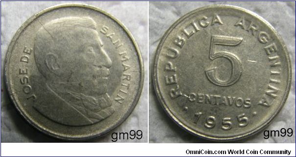 Nice Die Crack from rim to the back of head. Argentina km50 5 Centavos (1950-1956)