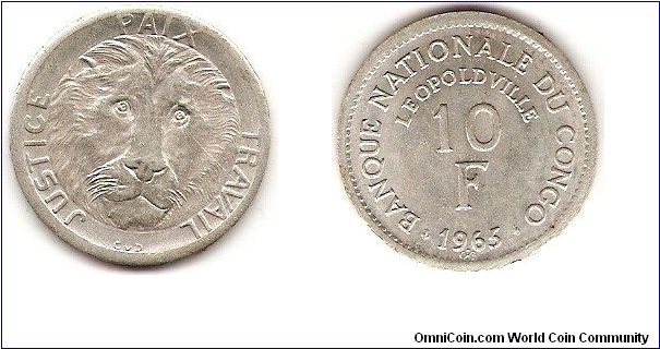 Democratic Republic of Congo (Congo-Leopoldville, now Kinshasa)
10 francs
Justice-Peace-Work