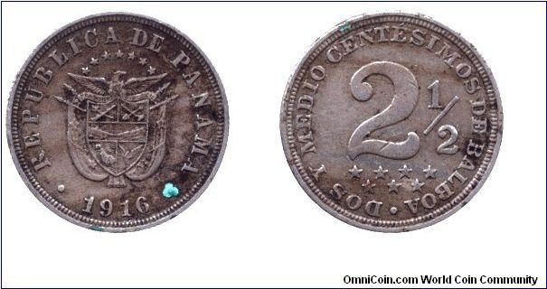 Panama, 2 1/2 centesimos, 1916, Cu-Ni.                                                                                                                                                                                                                                                                                                                                                                                                                                                                              