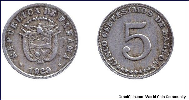 Panama, 5 centesimos, 1929, Cu-Ni.                                                                                                                                                                                                                                                                                                                                                                                                                                                                                  