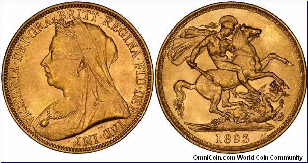 The 1893 gold two pounds was issued in proof and normal (non-proof) versions, as part of the design change to an older portrait. Queen Victoria is shown wearing a veil, as she was in mourning for her husband Prince Albert, who had died in the previous year. It is only one of three dates of gold two pound coin which was issued for general circulation, in addition to proof or pattern issues.