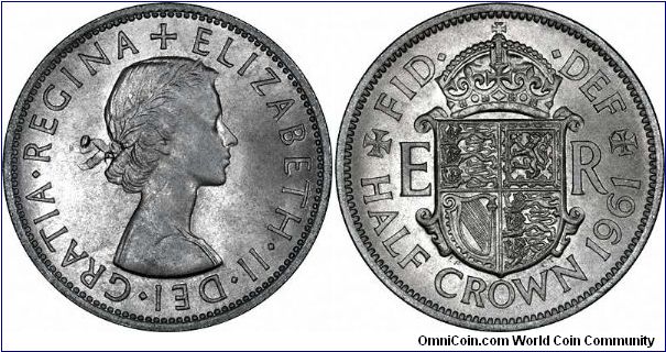 Not all values of coins are issued every year, it depends on demand, but in 1961 Seven different denominations of British coin were issued.
They were halfcrown, florin, sixpence, threepence, Scottish and English Shillings and penny. There was also a polished blank version of the 1961 halfcrown,  shown is the regular version.