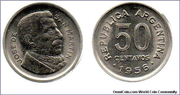 1956 50 centavos - Jose de San Martin