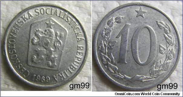 10 Haleru (Aluminum) : 1961-1974
Obverse; Rampant lion left with two tails intertwined, shield with flames on chest, star above,
 CESKOSLOVENSKA SOCIALISTICKA REPUBLIKA date
Reverse: Value within wreath, star above,
 10