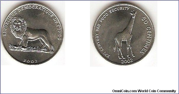 Democratic Republic of Congo (Congo-Kinshasa)
50 centimes
giraffe