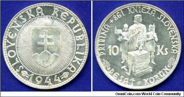 10 Korun.
Pribina Prince of Slovakia.
Slovenska republica.
Mintage 1,381,000 units.


Ag500f. 7,0gr.