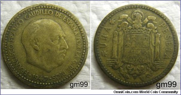 1 Peseta (Aluminum-Bronze) : 1948-1967
Obverse: Head of Franco right,
 FRANCISCO FRANCO CAUDILLO DE ESPANA POR LA G DE DIOS date
Reverse: Crowned arms of Spain, Pillers of Hercules either side
 UNA PESETA