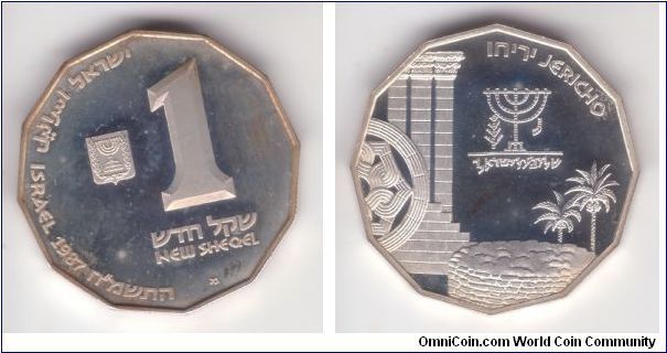 KM-181, Israel 1987 new sheqel in proof; commemorative 12-sided coin part of the Holyland sites series depicting Biblical Jeriho; even though some of the commemorative coins at that time were already released in protective capsules, many still were distributed in plastic hard cases with the hold held in place by a cardboard; hence heavily toned on obverse and reverse is nice. Mintage only 8,196 coins as typical of these limited series commemorative coins.
