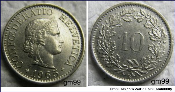 10 Rappen (Copper-Nickel) : 1879-1993
Obverse: Head of Helvetia right, LIBERTAS on headband,
CONFOEDERATIO HELVETICA date
Reverse: Value within wreath,
10