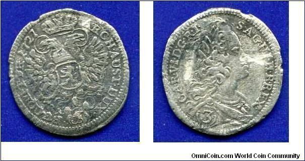 3 kreuzer.
Bohemia.
Carl VI (1711-1740) emperor of Holy Roman empire.
Prague mint.



Ag.