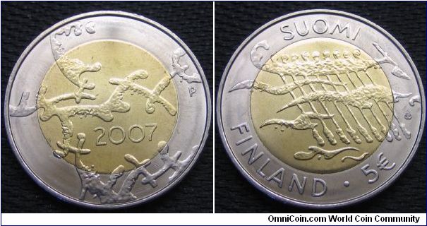 5 euro commemorating the 90th year of Finland's independence. Designed by Reijo Paavilainen.
