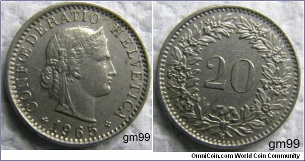 20 Rappen.
Obverse: Head of Helvetia right, LIBERTAS on headband,
CONFOEDERATIO HELVETICA date
Reverse: Value within wreath
R 20