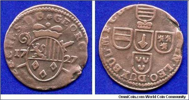 1 liard.
Bishopric Liege.
Prince-bishop George Louis de Berghes.

Thanks Bart for assistance in the identification of this coin.



Cu.