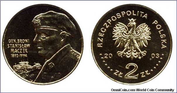 Poland, 2 zlote, 2003, Gen. Broni Stanislaw Maczek, 1892-1994.                                                                                                                                                                                                                                                                                                                                                                                                                                                      
