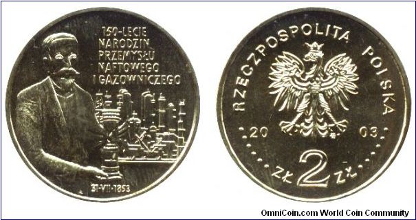 Poland, 2 zlote, 2003, 150th Anniversary of National Oil and Gas Industry.                                                                                                                                                                                                                                                                                                                                                                                                                                          