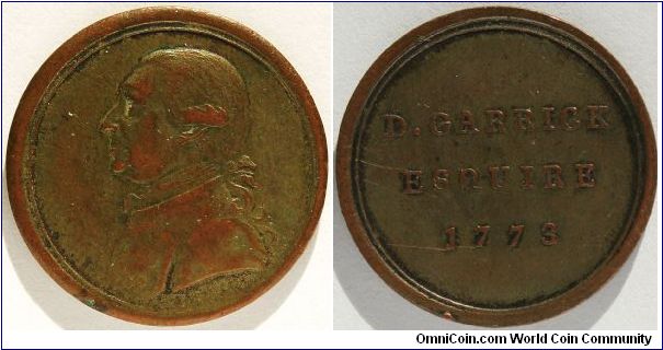 Sentimental token:
DAVID GARRICK 1773, by Kirk for The Sentimental Magazine. 1 of a set of 13 Gilded Bronze 26mm.