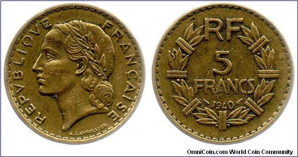 1940 5 Francs - Struck for Colonial use in Algeria