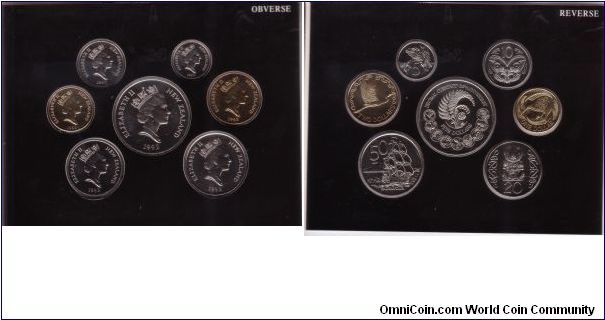 KM-MS39, New Zealand 1992 silver jubilee of the decimal mintage 7 coin set with 5, 2, 1 dollars and 50, 20, 10 and 5 cent coins; nice with outer sleev and nice folding holder.